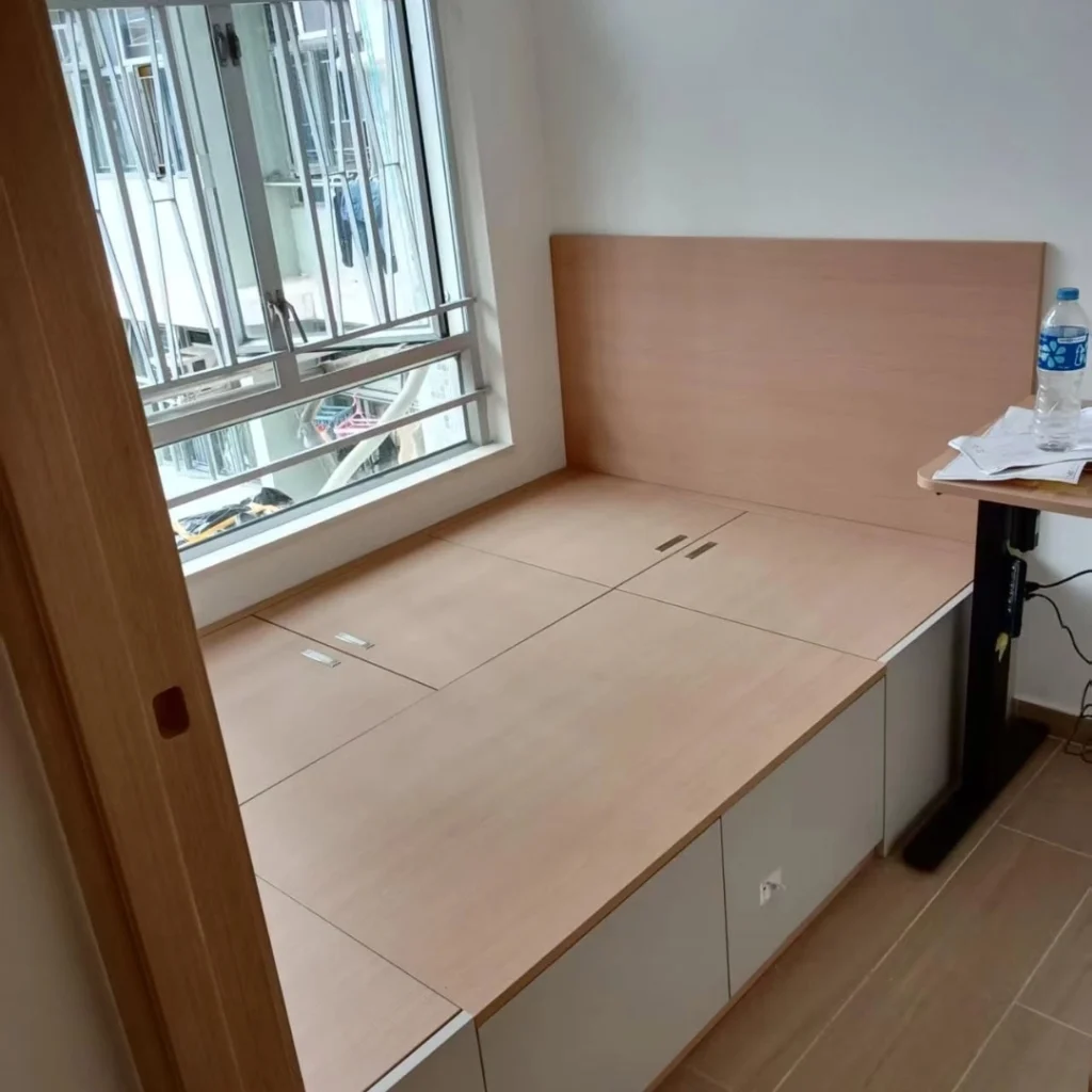 Solid wood storage bed with cabinets and window-side shelving