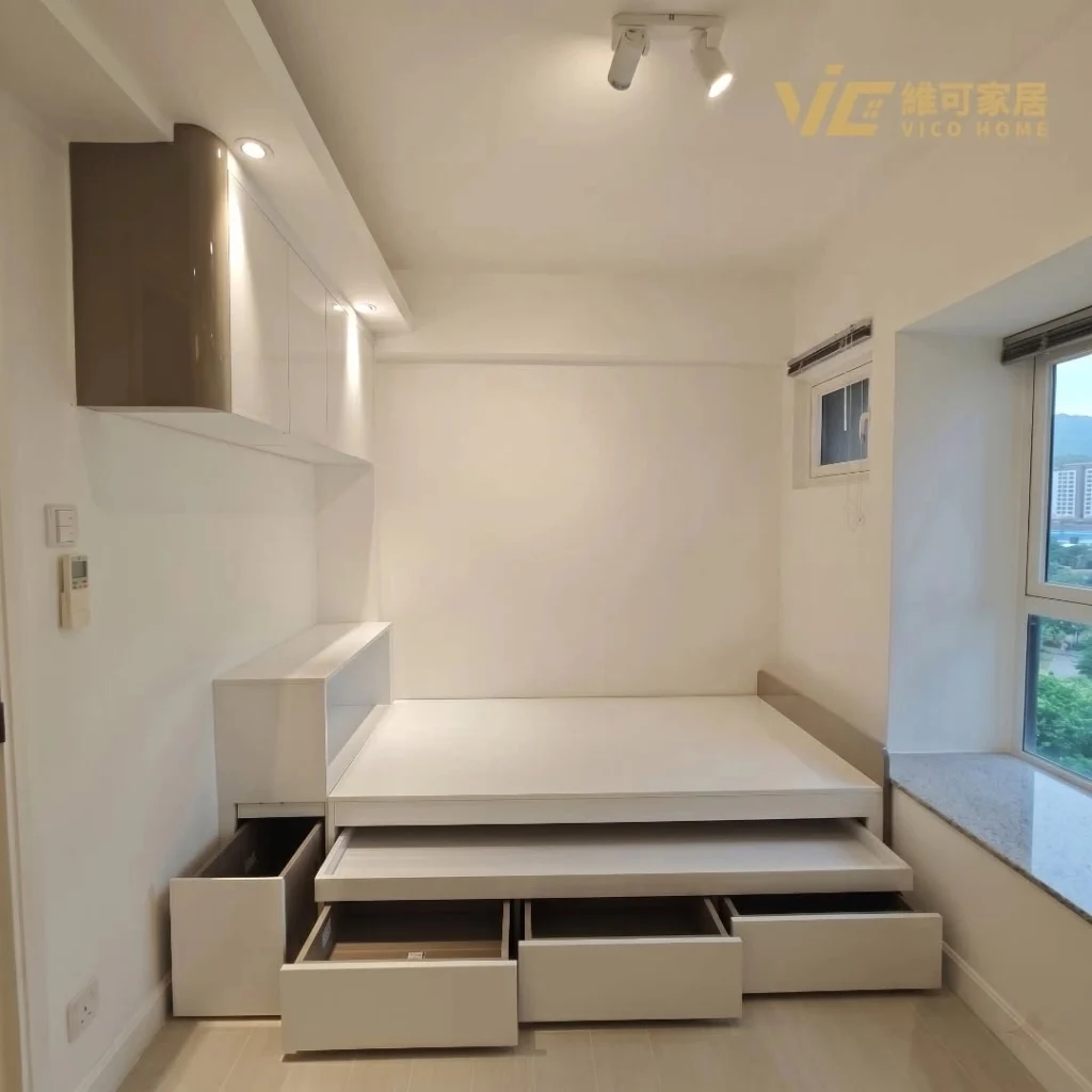 White storage bed with drawers and side cabinet