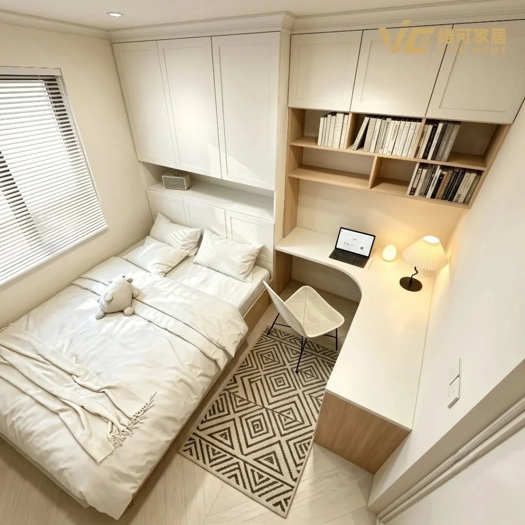 White minimalist bedroom with bed, desk, storage cabinets and bookshelves