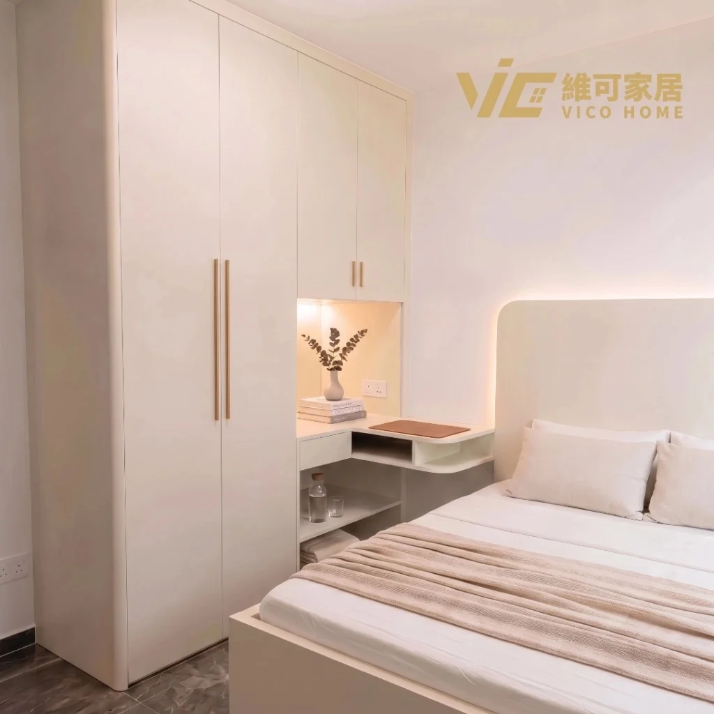 Beige fitted wardrobe with bed, nightstand and integrated lighting