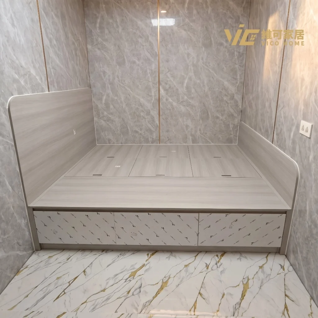 Light wood storage bed with concealed drawers