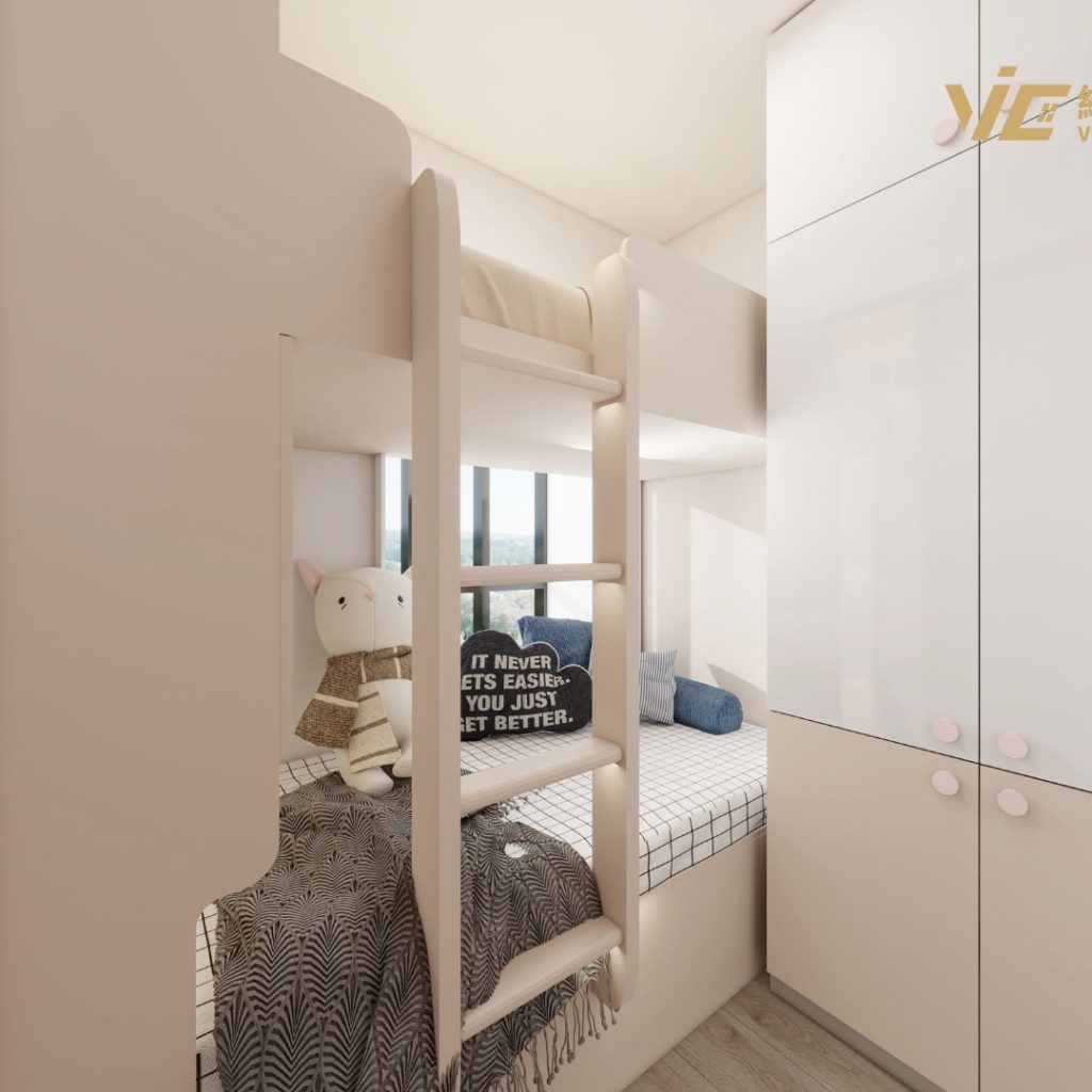 Modern bunk bed with ladder and built-in storage