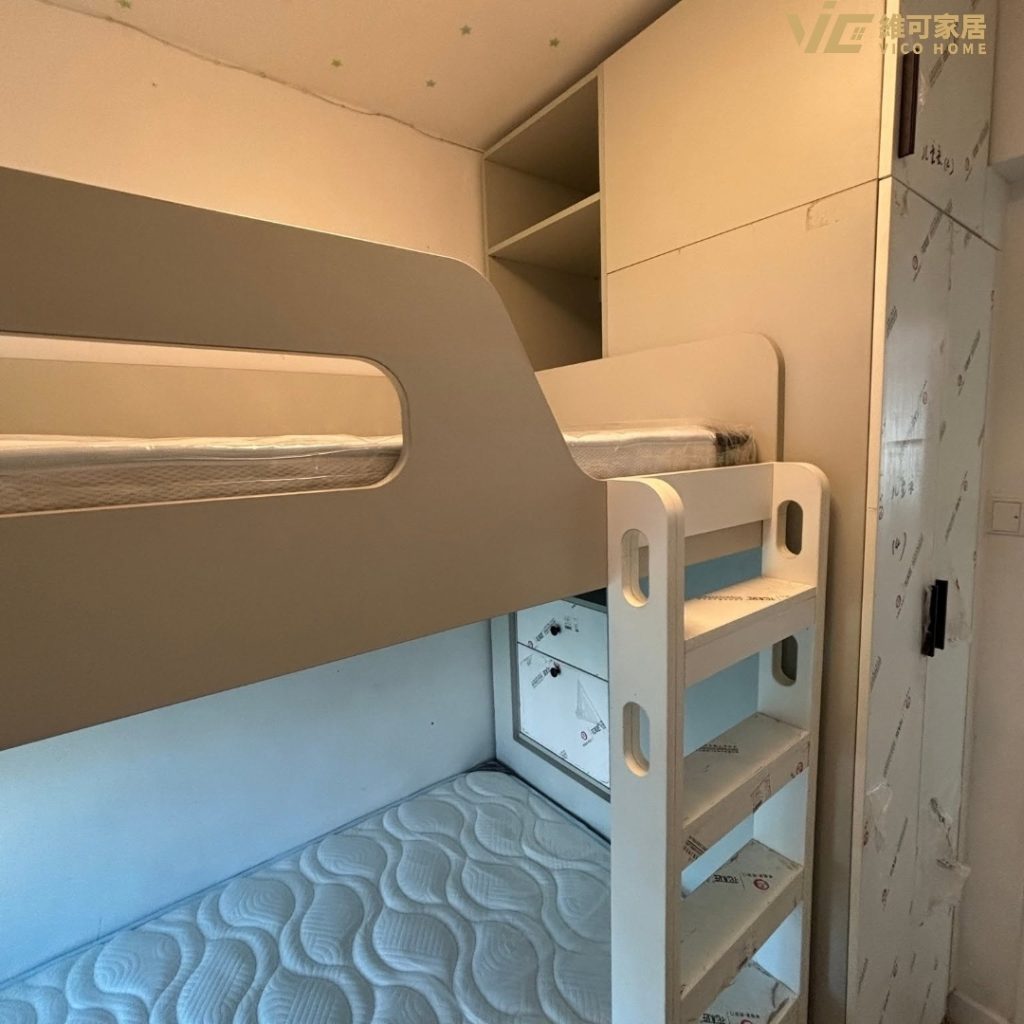 White bunk bed with ladder storage and open shelves
