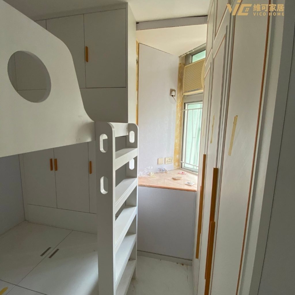White loft bed with ladder storage cabinet in a narrow Hong Kong bedroom