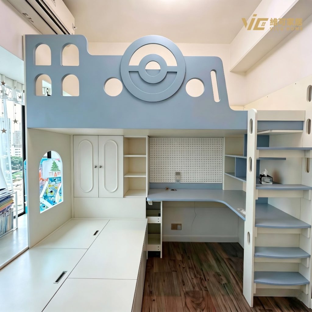 Car-shaped kids bunk bed with desk and storage cabinets