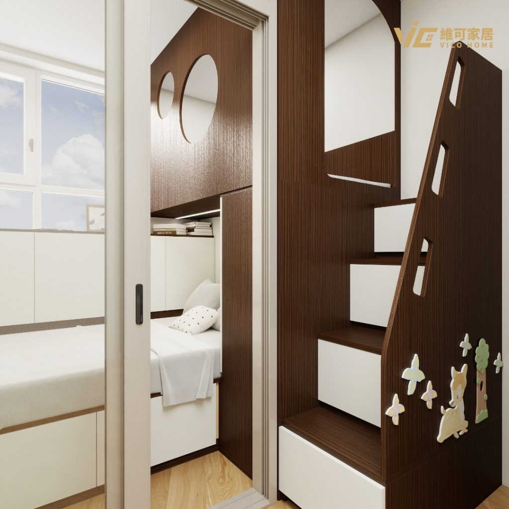 Kids bunk bed with stair storage and mirrored panel