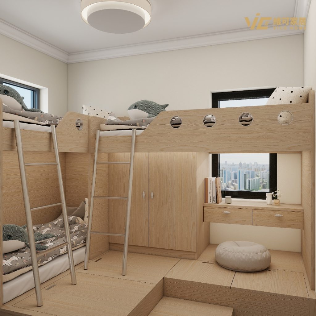 Wood loft bed with ladder storage and window-side desk