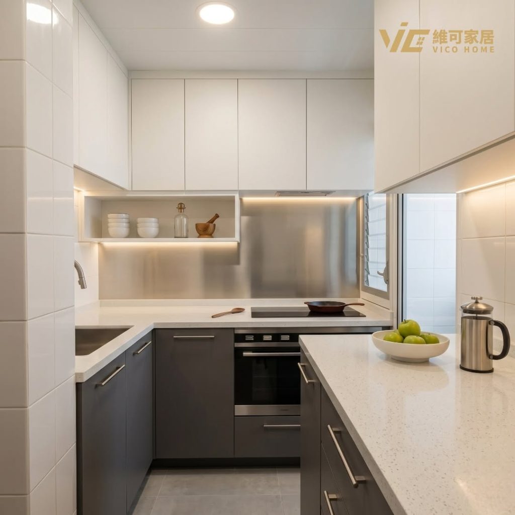 hk-custom-kitchen-service 15 白色與灰色廚櫃配大理石紋檯面,L 型佈局,明把手設計,可見嵌入式烤箱及窗戶。