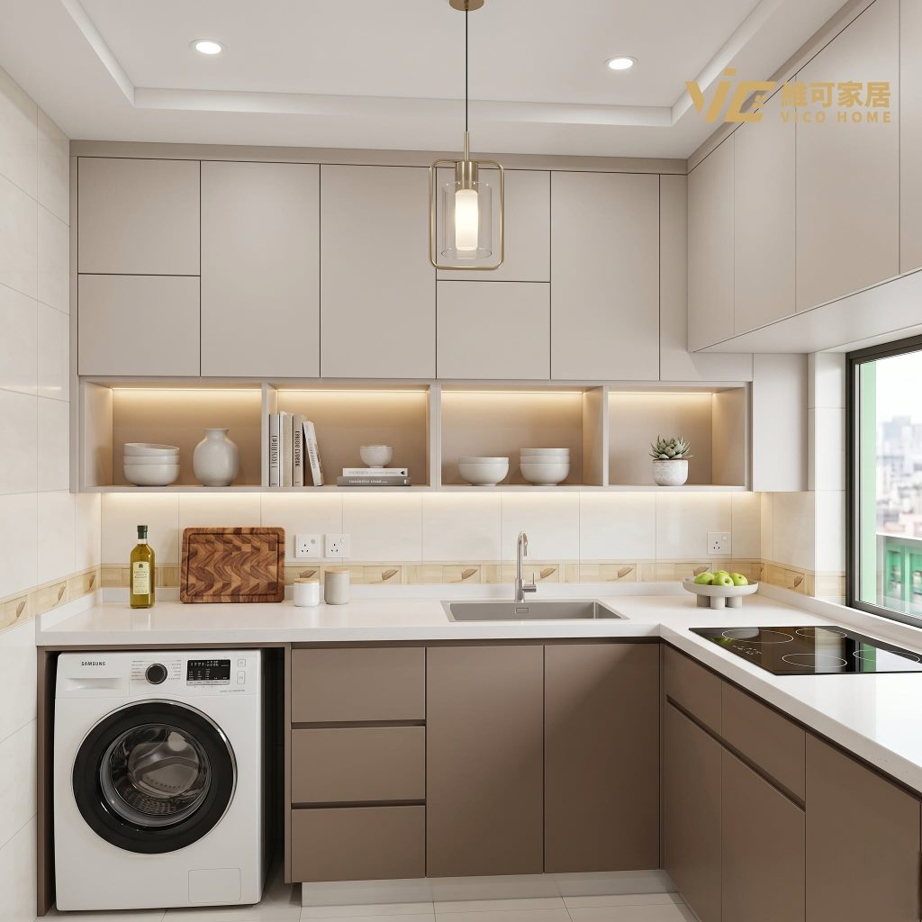 hk-custom-kitchen-service 17 米色無手把廚櫃配白色石英檯面,L 型佈局,洗衣機內嵌,窗外見城市景觀。
