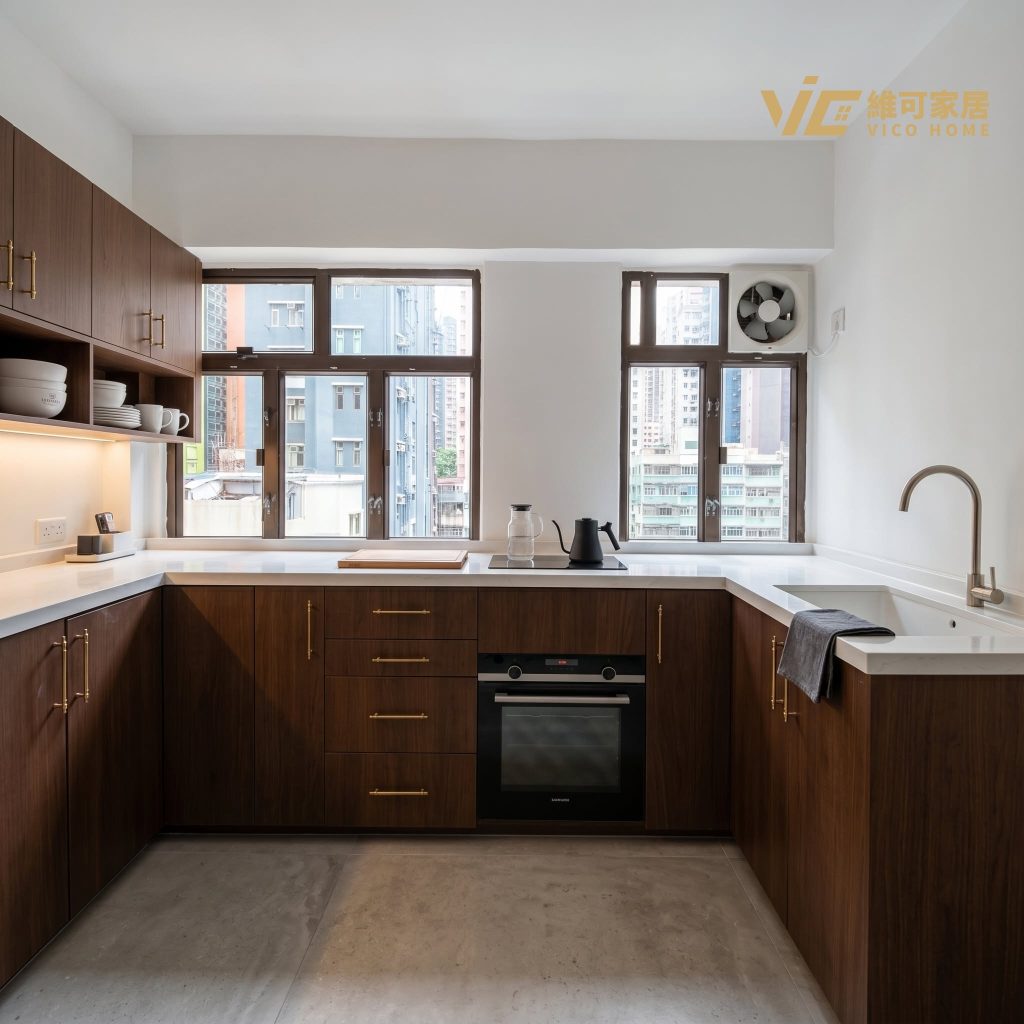 hk-custom-kitchen-service 19 深棕色廚櫃配白色石英檯面,L 型佈局,金色把手,嵌入式烤箱,兩扇大窗採光。