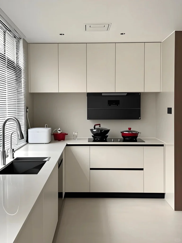hk-custom-kitchen-service 10 米白色無手把廚櫃配光滑檯面,L 型佈局,抽油煙機及電飯煲,窗戶裝百葉簾。