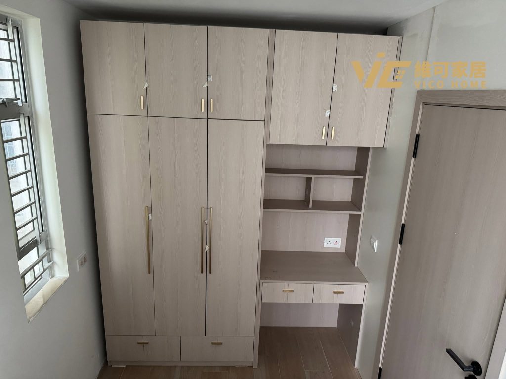 Wardrobe and study desk combination with warm LED shelf lighting