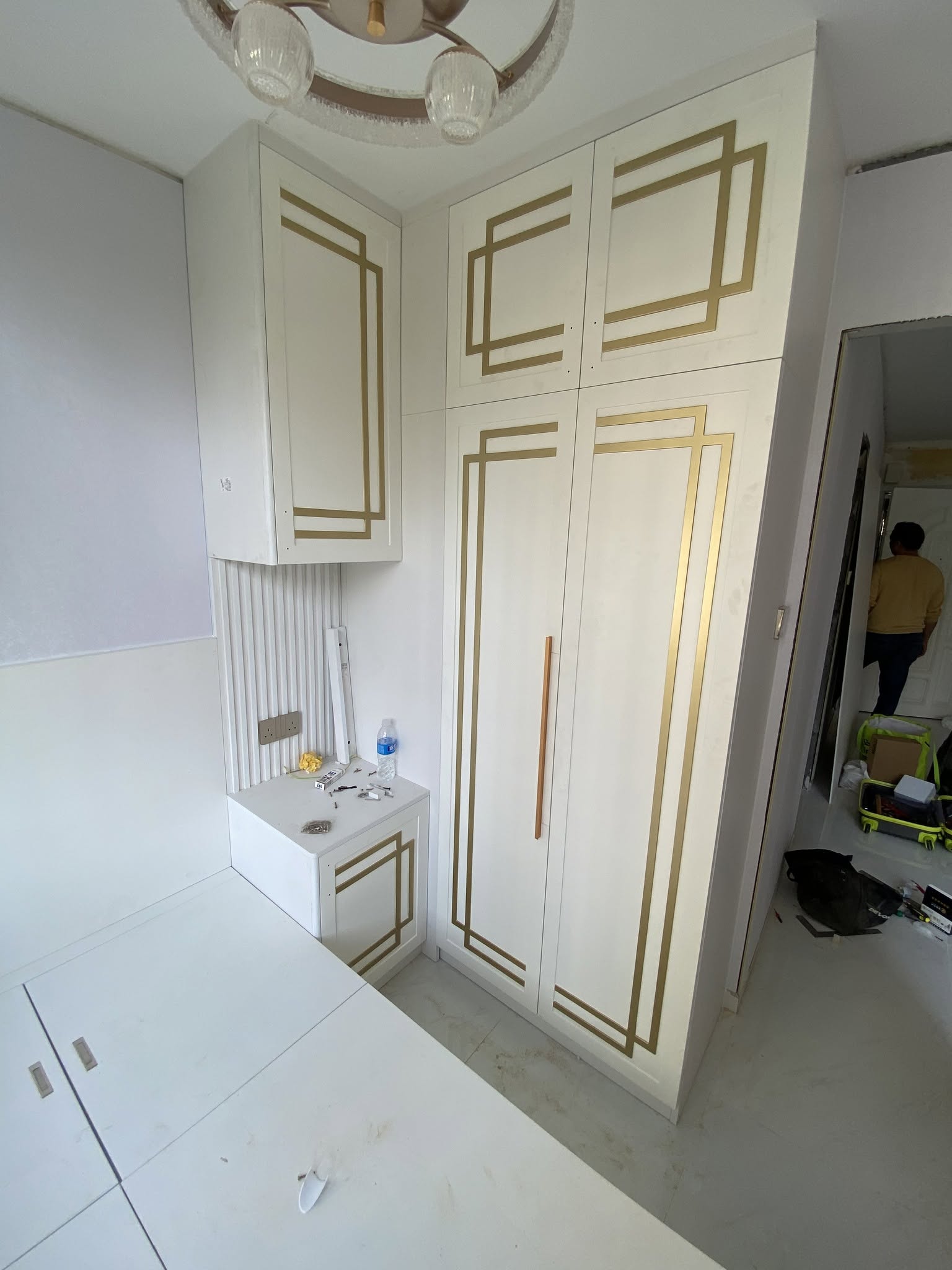 custom-wardrobe-design 10 Tycoon Heights high ceiling wardrobe with top luggage cabinets and platform bed