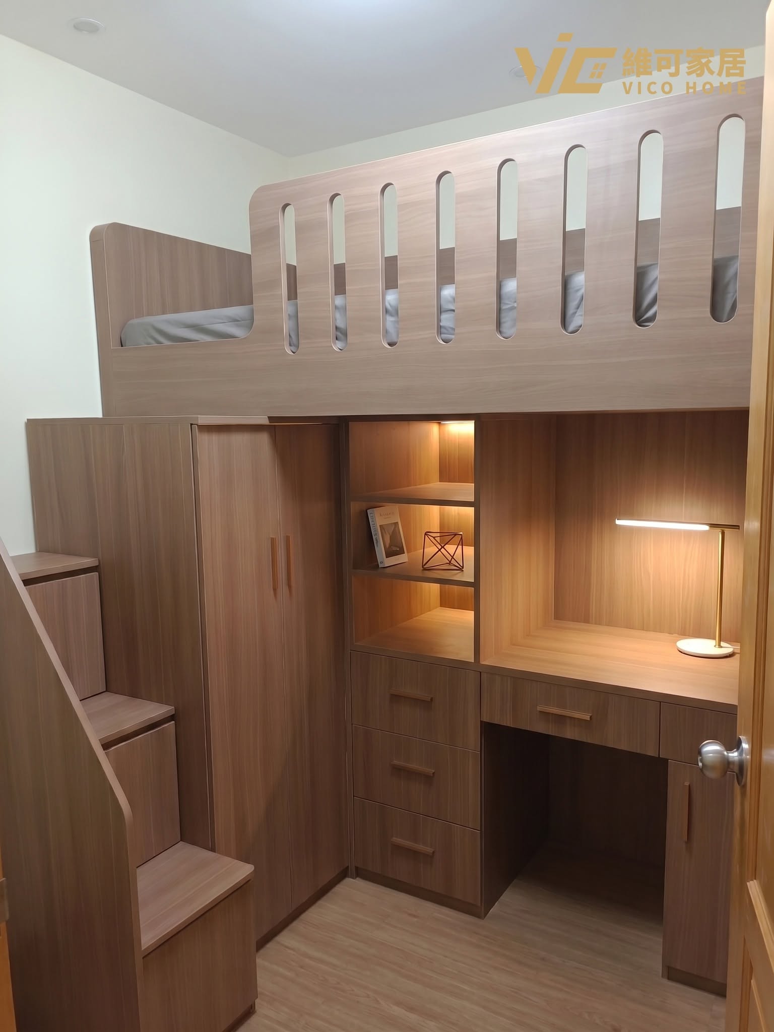 custom-wardrobe-design 15 Tsz Wan Shan children bunk bed with storage stairs and integrated wardrobe