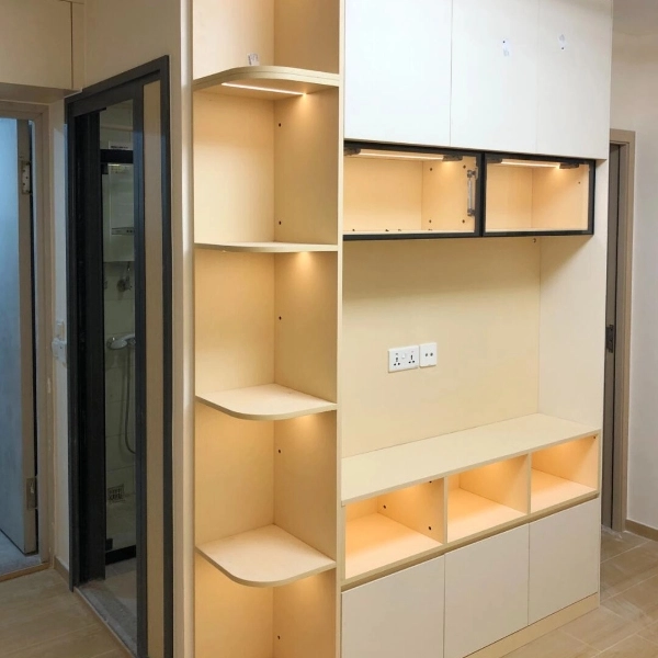 Light wood open shelving with lighting and power sockets