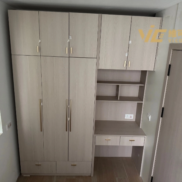 Light wood wardrobe with shelving and integrated desk
