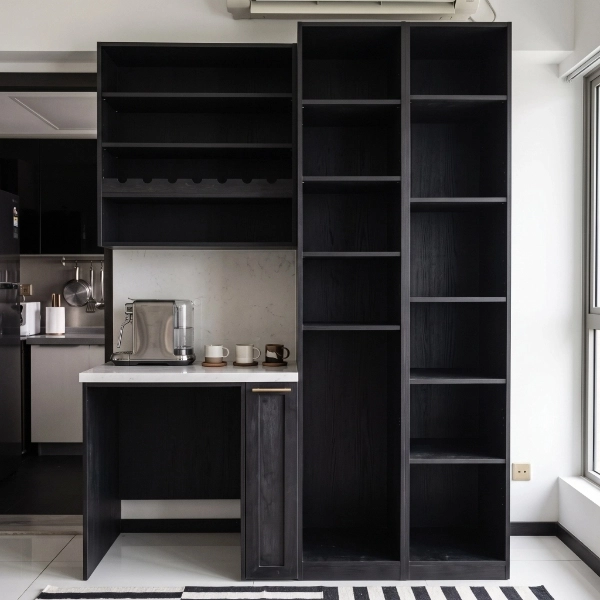 Black open bookcase with bar counter