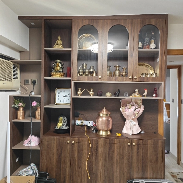 Wood display cabinet with glass doors and multiple shelves
