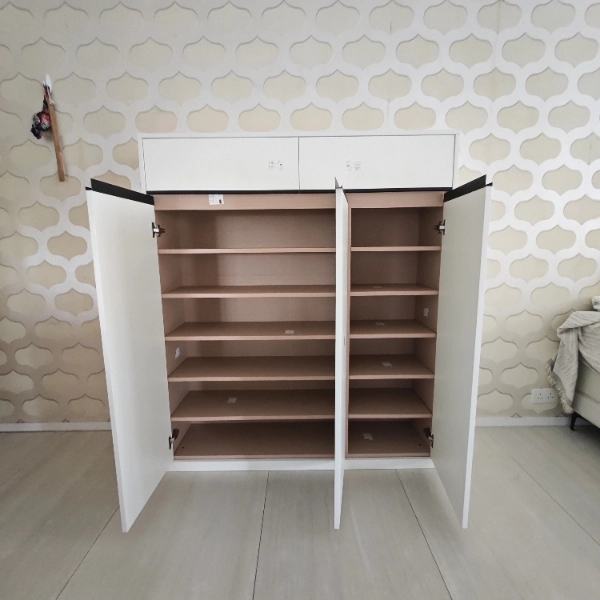 White two-door cabinet with six internal shelves and two top drawers