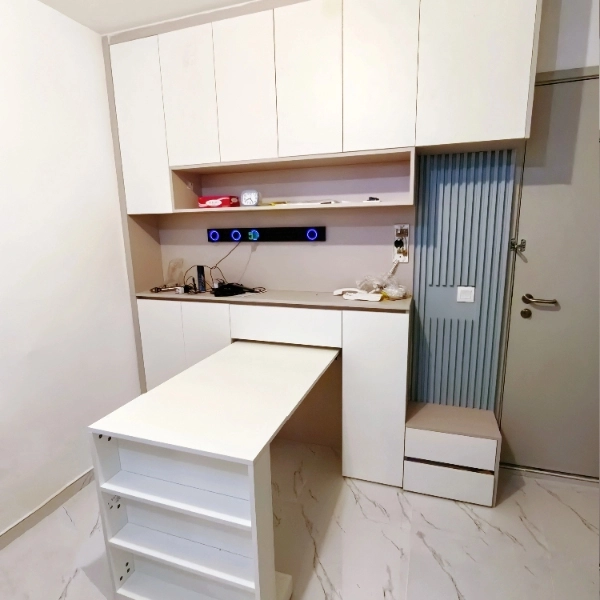 White multi-functional unit with desk, storage drawers and shelving