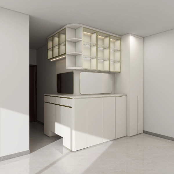 3D kitchen cabinets with lit shelf and built-in microwave