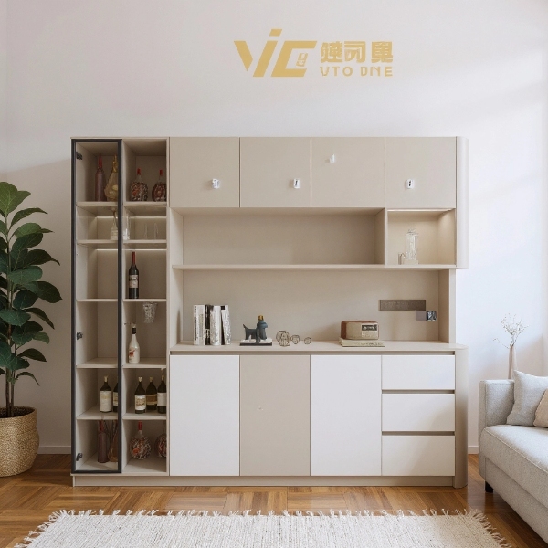 3D beige storage cabinet with wine rack, open shelves and drawers