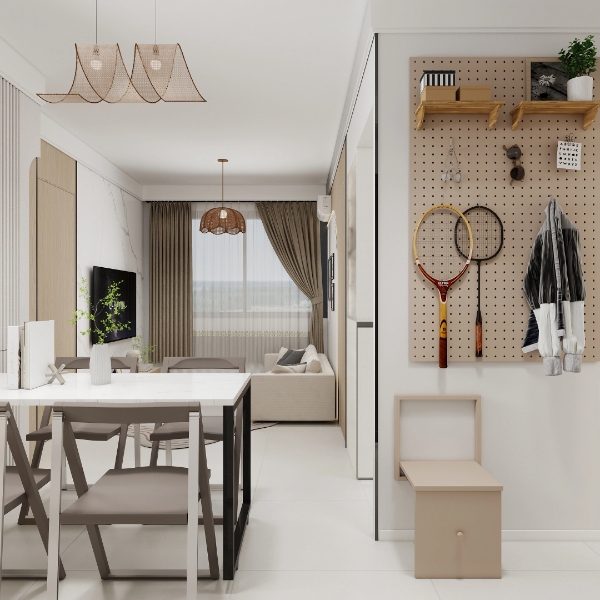 3D dining table, sofa, shelving and wall panels in an open plan