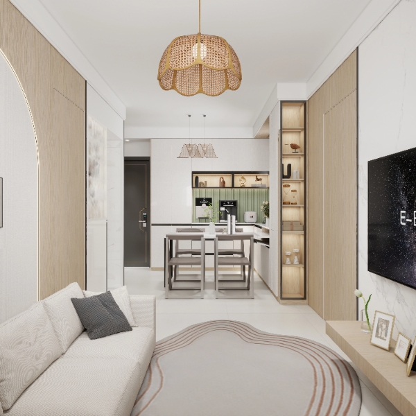 3D white sofa, wood dining set, pendant light and open kitchen cabinets