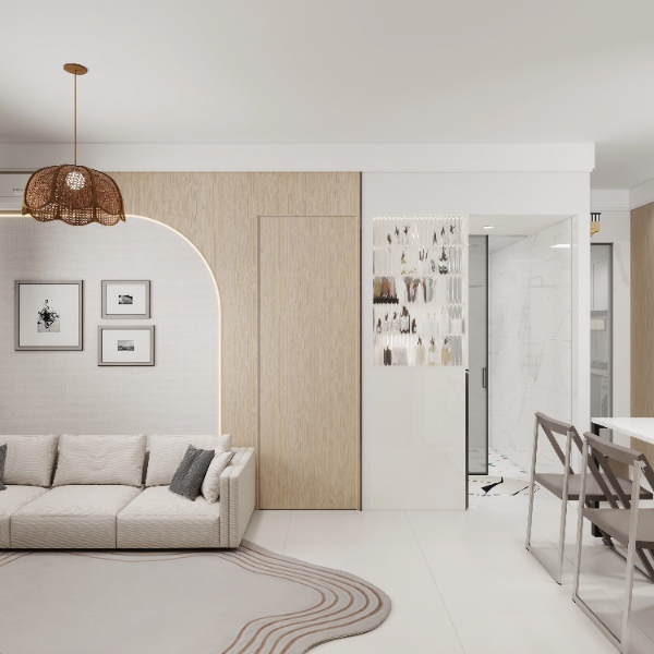 3D cream sofa, wood cabinet, pendant light and dining table
