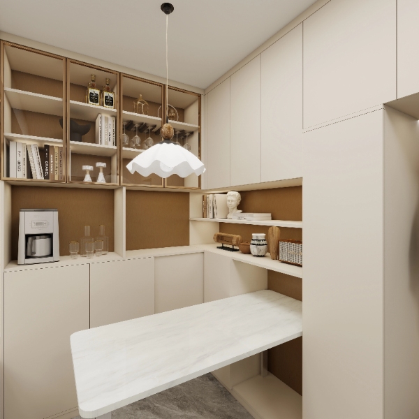 3D white floating table with wood open cabinet and pendant light