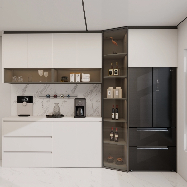 3D modern kitchen cabinets with fridge, wine rack and coffee machine
