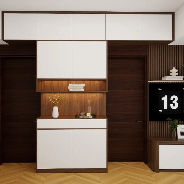 3D modern cabinet in white and dark wood with lit shelving