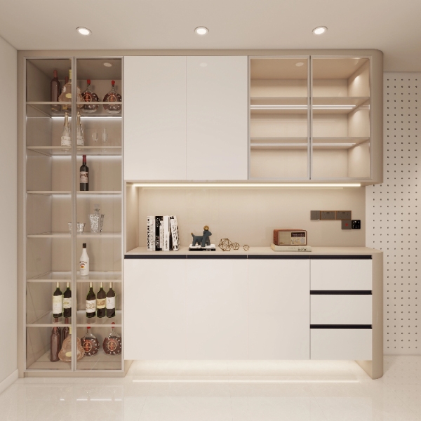 3D modern wine cabinet with glass doors, open shelves and lighting