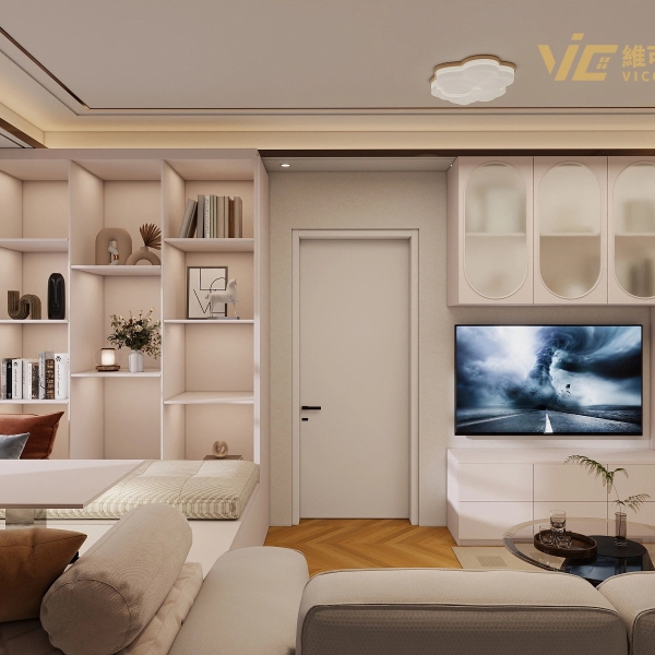 3D living room with sofa, coffee table, bookcase, TV cabinet and wall-mounted TV
