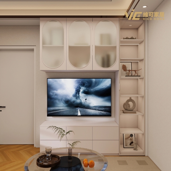 3D white combination unit with round glass door, open shelves and wall-mounted TV