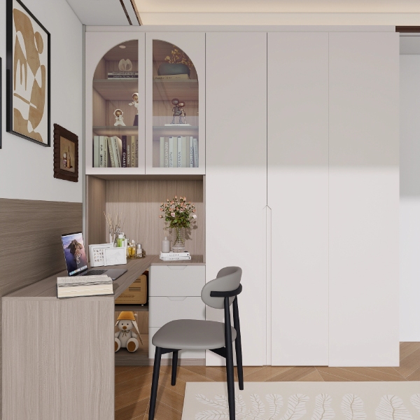 3D white wardrobe with desk, grey chair and display shelving